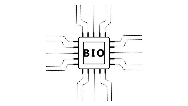 Black outline square microchip with eight pins and dotted lines extending outwards on a white background with the letter B