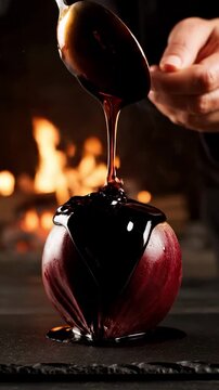 Close‑up view of a hand pouring dark sauce from a silver spoon onto a red apple on a black surface, fire glowing behind