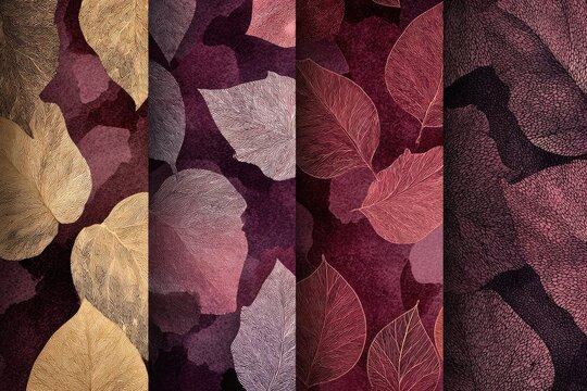 Four vertical panels display leaf patterns in varying shades of brown and purple