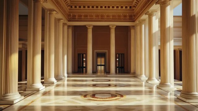 Grand Hallway's Majestic Columns: An awe-inspiring view of an opulent interior showcasing a hallway with imposing columns, intricate details, and the grandeur of architectural design.