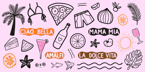 Colorful doodle illustration featuring italian themed objects and summer motifs © Ajay