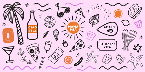 Italian themed doodles featuring food plants and playful text elements © Ajay