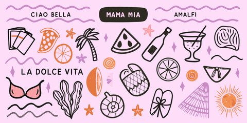 Italian summer themed doodles with citrus cocktails and coastal elements © Ajay