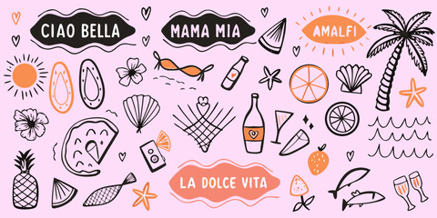 Italian summer themed doodles with text and tropical illustrations © Ajay