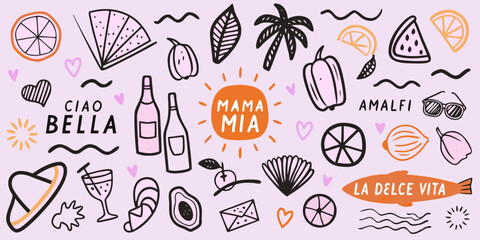 Colorful hand drawn illustration of summer fruits drinks and italian phrases © Ajay