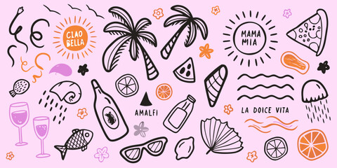 Italian themed doodle set with food plants and coastal elements © Ajay