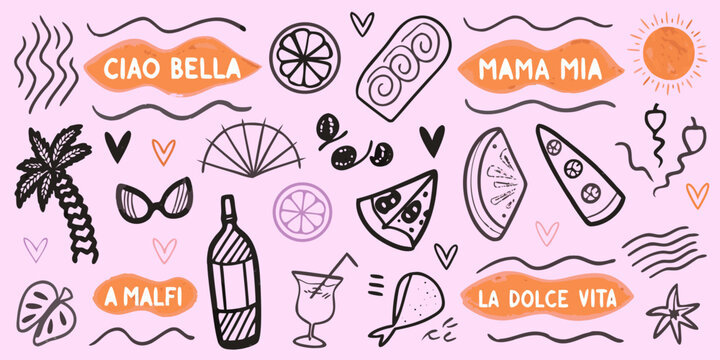 Italian themed doodles with text including ciao bella and mama mia