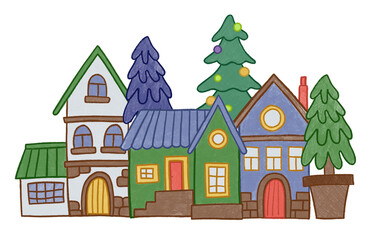 Children illustration with crayons. street of cute houses.