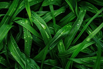 Obraz premium Vibrant green grass blades glistening with fresh water drops create a captivating close up of nature's beauty