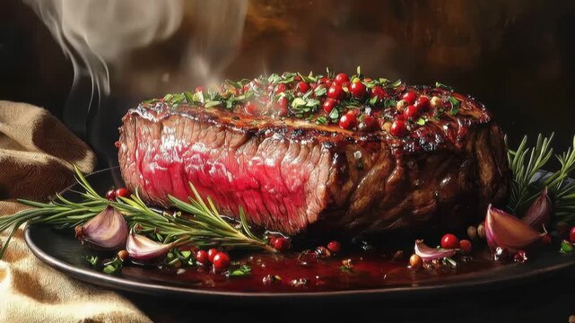 Tender Steak Feast: A mouthwatering, perfectly cooked steak, glistening with savory juices and adorned with fragrant herbs, beckons from a dark plate. Steam rises gently, promising a culinary delight.