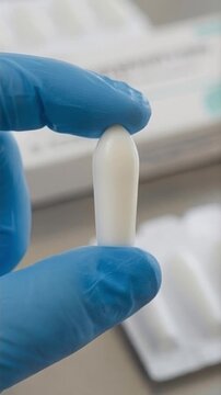 Medical handling. Doctor wearing gloves holds white suppositories for vaginal or anal use. Candles for treatment of candidiasis, thrush, hemorrhoids, inflammation, fever. Close-up, interior of clinic