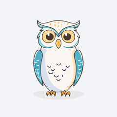 Obraz premium A cartoon owl with large eyes and blue wings standing on a white background from a front viewpoint