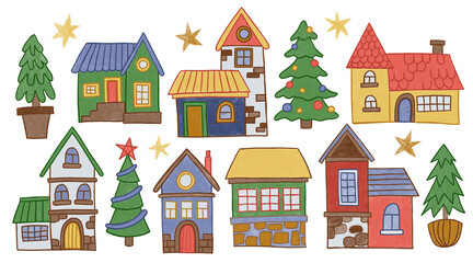 Children illustration with crayons. Set of cute Christmas houses.