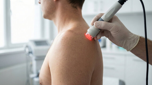 Low-level laser therapy applied to shoulder for pain relief in physiotherapy clinic, faceless