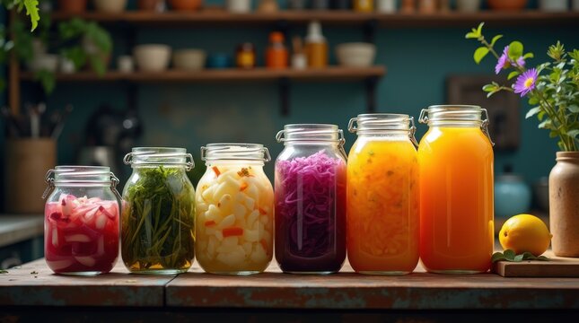 A kitchen scene showcasing the process of fermentation with jars of kombucha, sauerkraut, and other fermented foods as part of an eco-conscious lifestyle
