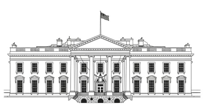 The White House front facade illustration with columns and flag.