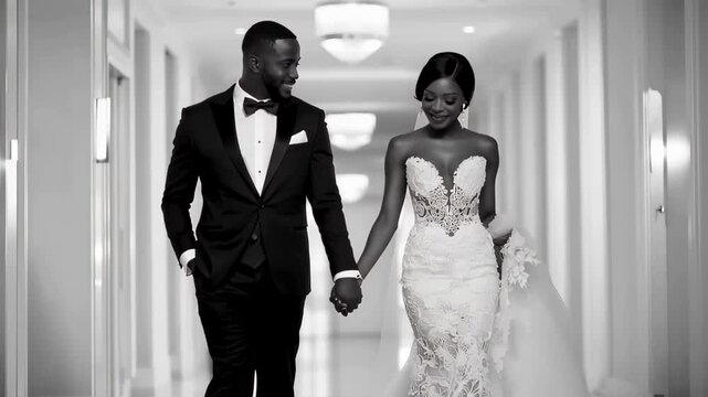 Elegant Wedding Stroll: A radiant couple, elegantly attired in their wedding finery, embark on a stroll down a sophisticated corridor, their hands clasped in a gesture of profound affection.