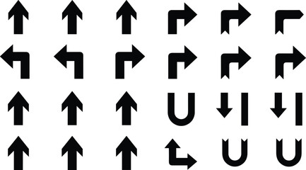 Directional arrow icons set featuring up, left, right turns, U-turn symbols, and navigation pointers in bold black vector style © KagenChandro