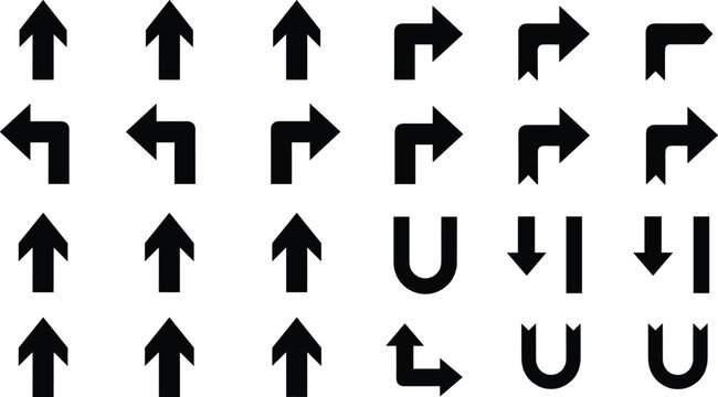 Directional arrow icons set featuring up, left, right turns, U-turn symbols, and navigation pointers in bold black vector style