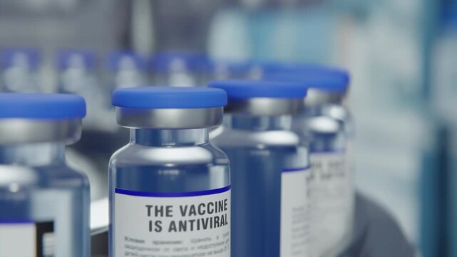 Factory for the production of medical drops or insulin or ampoules for injections. Line for packaging bottles with saline or vaccine. 3d render animation looped