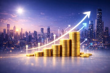 Stack of gold coins with increasing height and glowing arrows pointing upwards indicating financial growth and success in cityscape at night JPG image