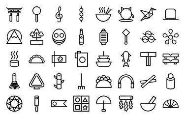 Naklejka premium Japanese culture line icon set featuring vector pictograms of torii gate, bonsai tree, sushi, origami crane, ramen bowl, sake bottle, and fan in a thick outline style.
