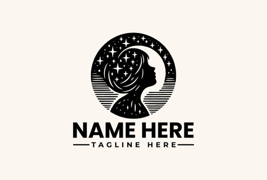 A black and white vector illustration of a woman's profile in a circular logo with stars and stripes, accompanied by placeholder text for a name and tagline on a plain background.
