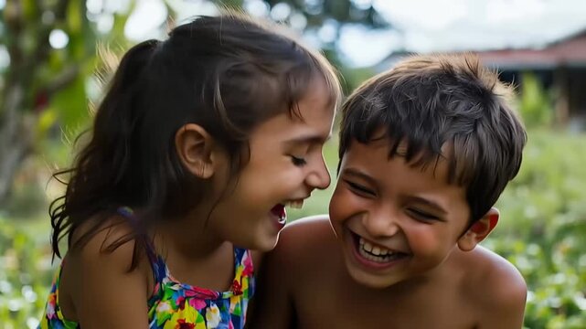 Joyful Siblings: Two young children share a moment of laughter, their faces lit up with pure, unadulterated joy. A beautiful moment of childhood