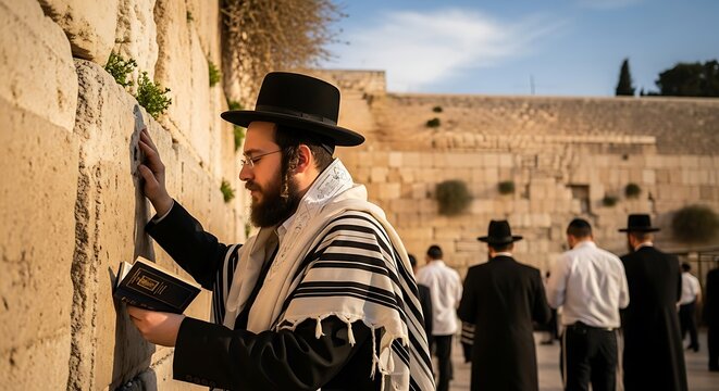 Man prays at ancient stone wall while others wait in line.
