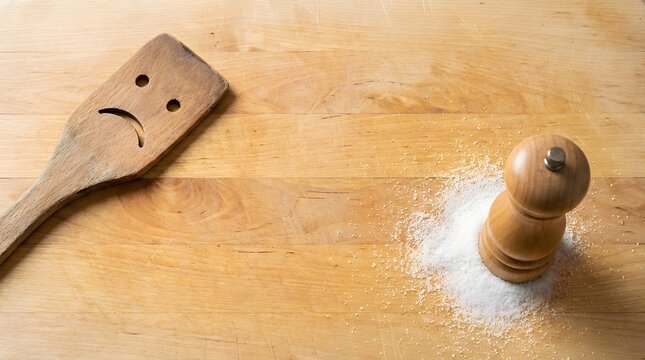 Sad wooden spatula with frown face next to spilled salt wooden pepper grinder on rustic wood kitchen table top view