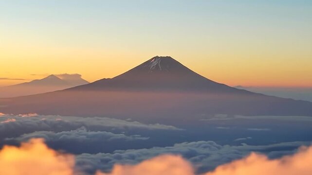 A majestic conical volcano rises above a sea of clouds at sunrise.
