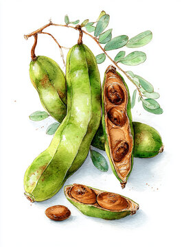 Hand-painted watercolor botanical illustration of tamarind pods, whole and opened showing brown pulp and seeds, gently curved form, clean white background, isolated scientific botanical style.