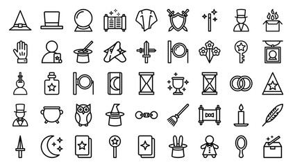 Fototapeta premium Magic and mystery line icon set featuring vector pictograms of wizard hats, crystal balls, spell books, wands, tarot cards, potions, and cauldrons in outline style.