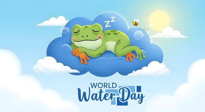 A green frog peacefully sleeping on a cloud for world water day