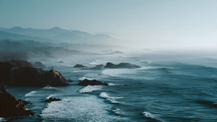 Obraz premium Serene Ocean Waves Crashing on Rocky Coastline.