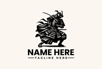 A black vector illustration of a samurai warrior with a sword and shield on a beige background, featuring a placeholder logo with 'NAME HERE' and 'TAGLINE HERE' text.