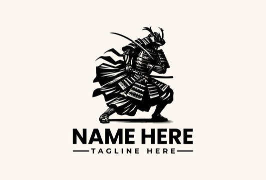 A black vector illustration of a samurai warrior with a sword and shield on a beige background, featuring a placeholder logo with 'NAME HERE' and 'TAGLINE HERE' text.