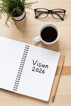 vision 2020 - a notebook with a pen, coffee and a plant