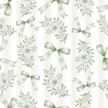 Seamless vintage watercolor floral pattern with sage green bows and delicate botanical flowers on striped background