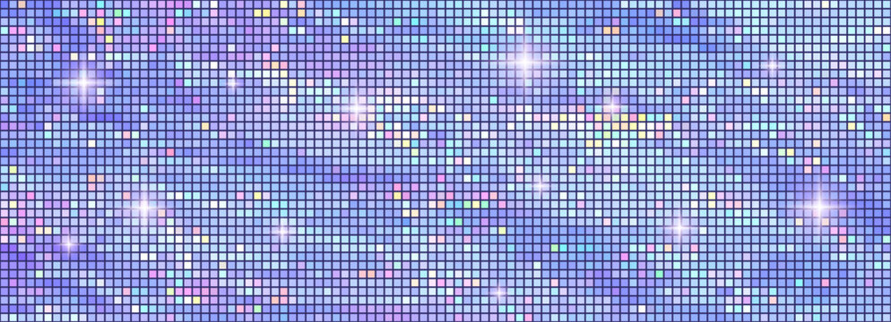 Disco ball with shimmering mirror tiles creates dazzling dance floor atmosphere. Blue color glitter sphere reflects holographic light patterns for club parties and events