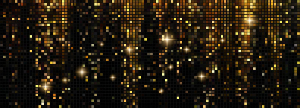Black background features golden disco ball pattern illustration with radial dots. Glittering geometric circles create sparkling texture perfect for premium party designs and luxury celebrations
