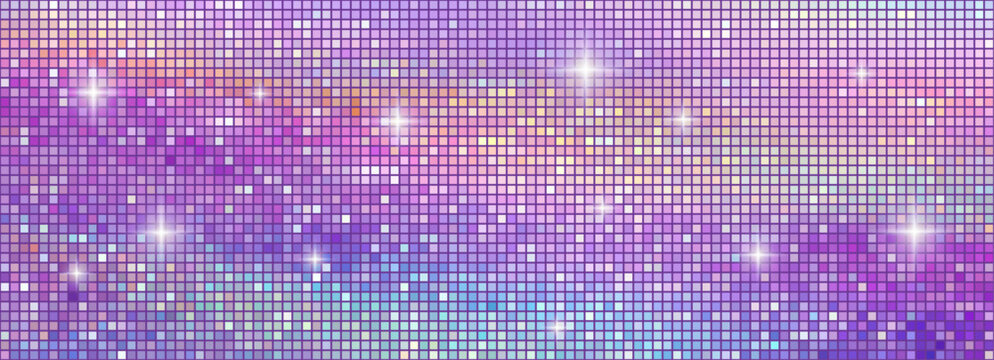 Mirror tiled disco globe sparkles with iridescent reflections. 3D dance sphere features blue color holographic textures perfect for retro club flyers and party banners