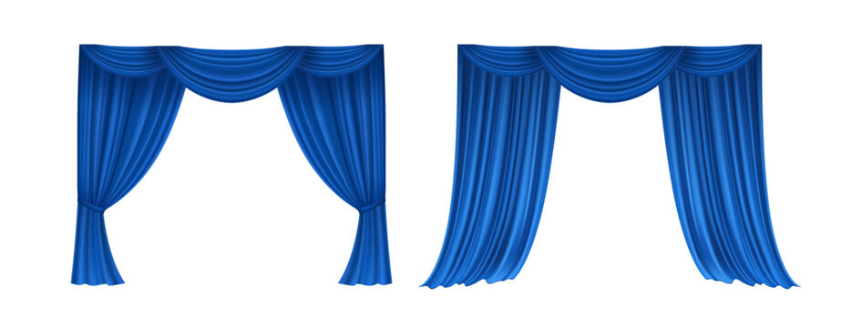 Elegant blue velvet stage curtains with realistic fabric folds. Luxury theater drapes for cinema, opera, or theatrical show backgrounds. Perfect for royal performance scenes
