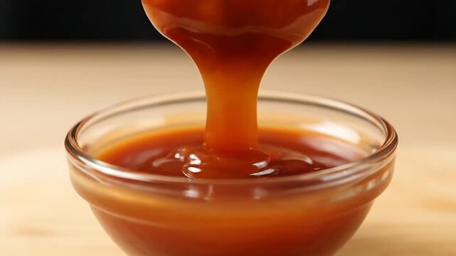 A close-up high-angle shot of a crispy chicken nugget being dipped into a glass bowl of rich barbecue sauce with a spoon assisting.