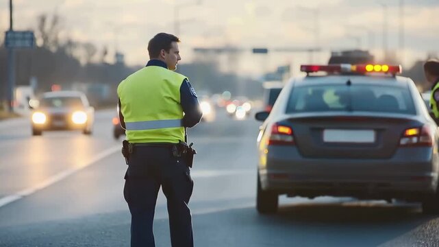 Traffic Control on the Road: A police officer in a high-visibility vest directs traffic, a police car parked on the roadside, ensuring safety on the road.  