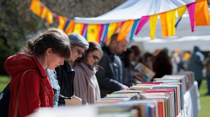 People browsing books at outdoor market with colorful banners  
