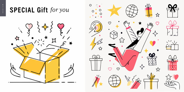 A special gift box with celebratory elements and hand drawn illustrations