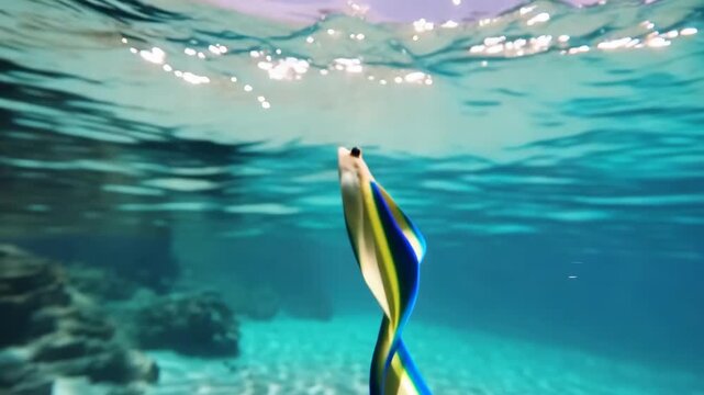 Ribbon eel swimming in a tropical blue ocean with coral reefs below,underwater view with sun reflections