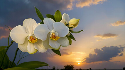 Orchideenbl&uuml;ten vor einem Sonnenuntergangshintergrund 