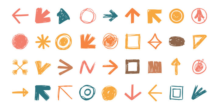Colorful hand drawn arrows and shapes on white background